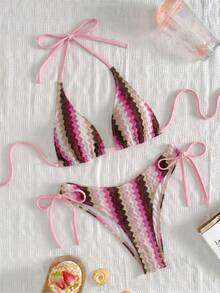 Swim Vcay 女款兩件式泳衣套裝，彩色波浪條紋特殊面料綁帶三角比基尼上衣，極簡優雅休閒度假風 - 彩色 - 查看 3