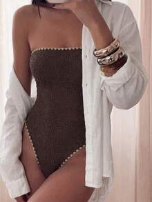 SHEIN Swim Burkini Bandeau Minimalis dengan Tepi Bergelombang untuk Wanita - MultiWarna - View 5
