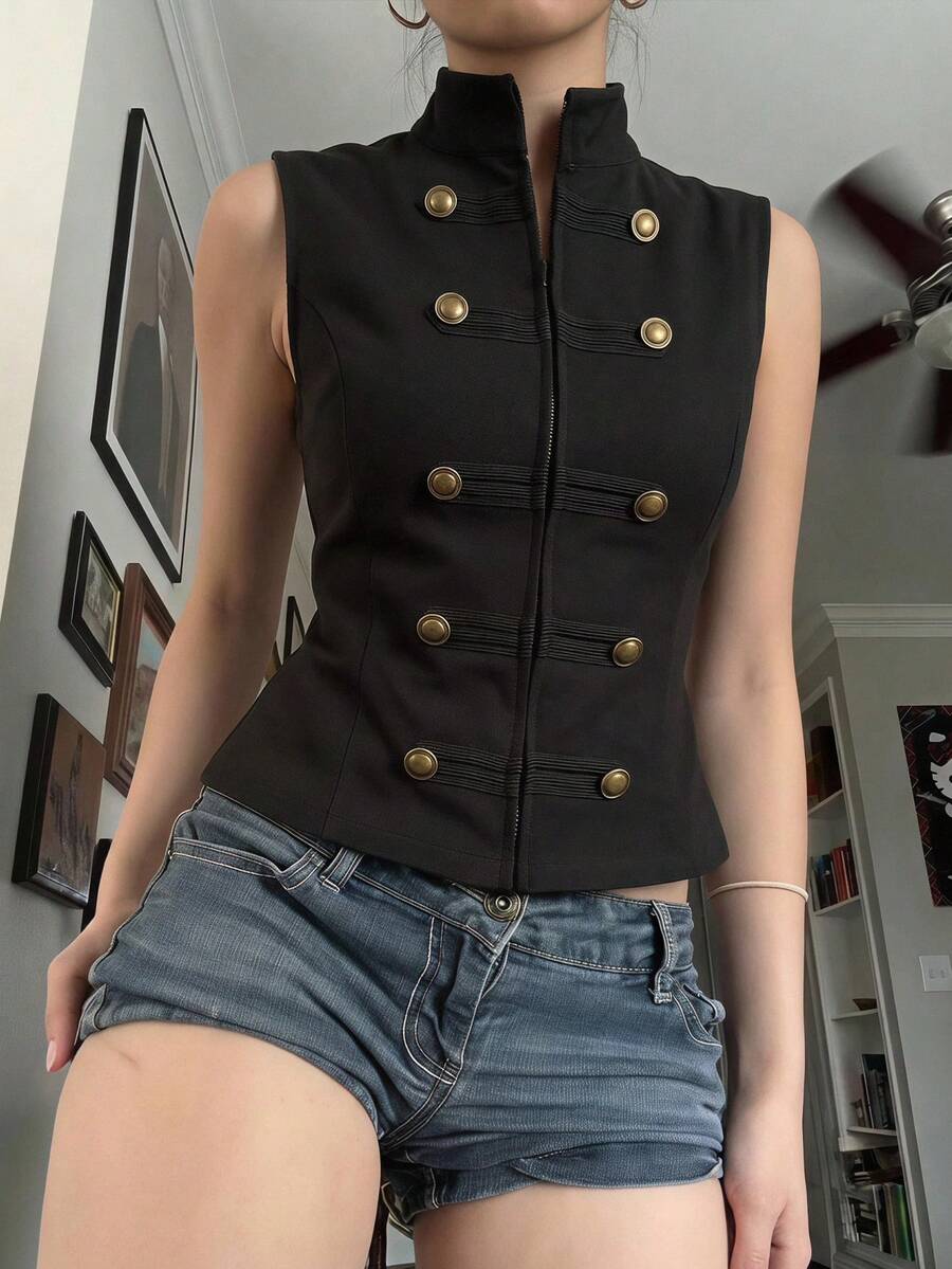 Opulessa Women's Fashion Elegant Vintage Preppy Business Minimalist Button Design Vest - Black - View 1
