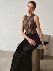 MOTF PREMIUM FRÜHLING/SOMMER ELEGANTES DAMENSTIL DATE ABENDPARTY HOCHWERTIG TRANSPARENTE SPITZE PATCHWORK TAILLENBETONEND SCHLANKMACHEND LANG ÄRMELLOSES KLEID - Schwarz - Übersicht 6