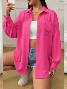 SHEIN EZwear 玫瑰紅休閒大尺碼女款襯衫 - 玫紅色 - 查看 1