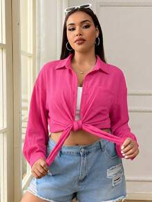 SHEIN EZwear 玫瑰紅休閒大尺碼女款襯衫 - 玫紅色 - 查看 4