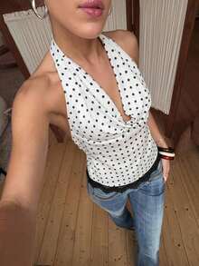 Lumalex Polka Dot Colorblock Patchwork Elegant Exquisite Lace Patchwork Satin Halter Neck Backless Waist-Cinching Fitted Women's Top - Black and White - View 10