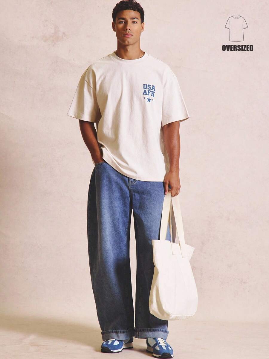 Musero Oversized Graphic Crew NeckTshirt "USA"Logo Sprihng Summer Essentials - Apricot - View 1
