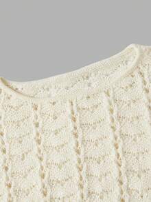 SHEIN MOD Elegant Boho Women's Crochet Knit Bell Sleeve Crop Top Casual Hollow Out Sweater, Autumn Beach Vacation, Shopping, Party Attire Beige - Apricot - View 6