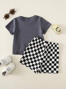 SHEIN 2pcs/Set Baby Boy Summer Cute Casual Knitted Printed Short Sleeve T-Shirt And Elastic Waist Checkered Pattern Shorts Set, Racing Set, Checkered Set, Infant Set, Summer Set, Cute Set - Multicolor - View 2