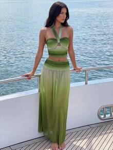 Bonvoyette New Spring Summer Multicolor Gradient Halter Ruched Bandeau Maxi Skirt Romantic Beach Party Vacation Green Elegant Tropical Sexy 3-Piece Swimsuit Set - Multicolor - View 1