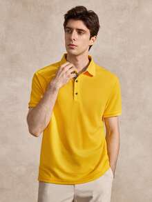 Courvante Golf Men's Summer Casual Half-Button Short Sleeve Polo Formal Shirt, Ceremony - Yellow - View 5