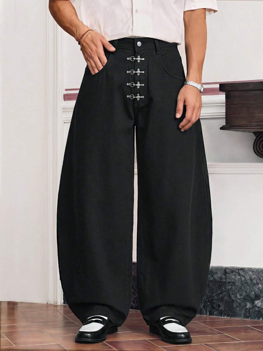 SWAVVY Men's Spring/Summer Fashion Curved Leg Pants With Airplane Buckle - Black - View 1