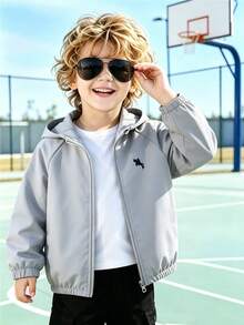 SHEIN Genkimix Kids 1件小男孩休閒簡約街頭連帽長袖外套，時尚休閒設計，適合夏季穿著，適合4-7歲男孩日常穿著，適合運動、出遊、校園及返校季 - 灰色 - 查看 3