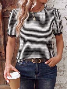 EMERY ROSE Women's Spring/Summer New Hot-Selling Striped Knit Patchwork Ruffle Design Casual Versatile T-Shirt - Black and White - View 4