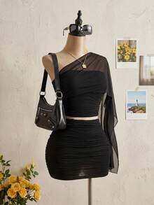 INAWLY Summer New Strapless Ruffled 2 Pieces Set, Suitable For Outings, Commuting, Vacation, And Dates. Strapless Top With Chiffon Cape - Black - View 5
