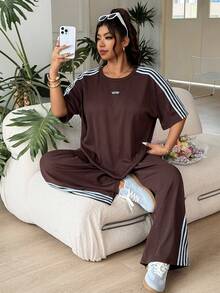 SHEIN EZwear 大码撞色条纹印花贴花圆领上衣和阔腿裤休闲两件套 - 藏蓝色 - 查看 1