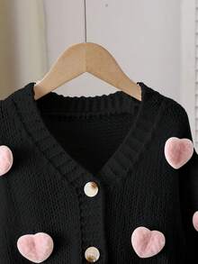 SHEIN Genkimix Kids 女童米色時尚休閒可愛舒適柔軟極簡百搭優雅 3D愛心燈籠袖長袖上衣，適合秋冬 - 黑色 - 查看 8