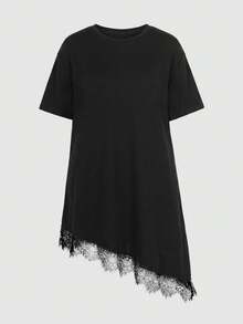 SHEIN Teen Girl Teen Girls Knit Black Patchwork Lace Trim Round Neck Loose Casual Short Sleeve Dress - Black - View 6