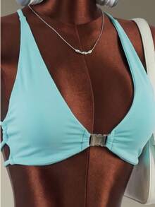 Amplova Ensemble de soutien-gorge de sport et short de couleur unie avec dos croisé pour femmes - Bleu ciel - Voir 9
