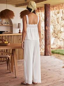 Lullawish Women's Hollow Out Embroidery Camisole And Pants Pajama Set - White - View 2
