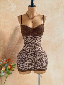 Soleia Plus Size Women's Lace Patchwork Leopard Print Sexy Date Party Spaghetti Strap Dress - Multicolor - View 4