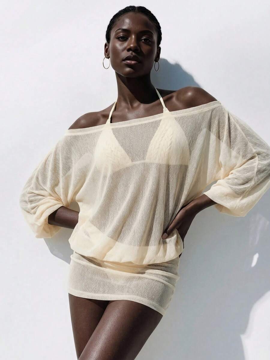 SHEIN Women's Solid Color Off-Shoulder Long Sleeve Pleated Coverup Dress, Vacation Beach Summer