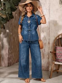 EMERY ROSE EMERY ROSE Set casual in denim da donna taglie forti, due pezzi con camicia monospalla con laccio in vita e pantaloni - Blu - Visualizzare 7