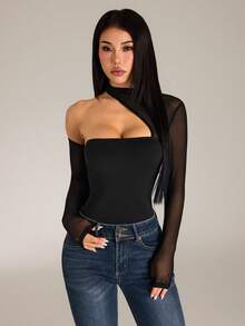 SHEIN PETITE Women's Mesh Patchwork Fitted Versatile Daily Wear Bodysuit - Black - View 5