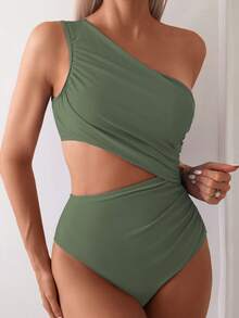 Swim Basics Women's Solid Color One-Shoulder Ruched Cutout One-Piece Swimsuit, Suitable For Beach Vacation, Pool Party, Beach Party - Army Green - View 3