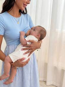 Slowluna Maternity Spring And Summer Pregnant Comfortable Casual Blue & Striped Patchwork Round Neck Short Sleeve Nursing Dress - Black and White - View 5