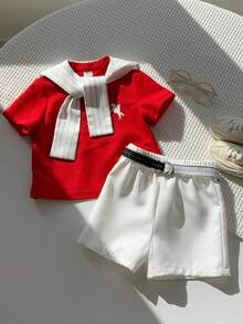 SHEIN 3件套男童舒适休闲百搭时尚简约风红色领短袖T恤Polo衫针织上衣、白色条纹披肩、白色短裤和腰带，适合春夏季室内、室外、日常、运动、派对、拍照、度假、婚礼等场合。 - 彩色 - 查看 5
