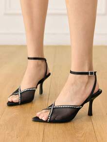 CUCCOO HITCHD Ladies' New Black Mesh See-Through Rhinestone Pointed Thin Heel Open-Toed High-Heeled Sandals, Suitable For Banquets, Parties And Weddings Summer - Black - View 5