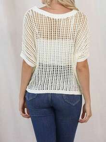 INAWLY Women's Casual Versatile Round Neck Hollow Out Vacation Knit Top - White - View 2