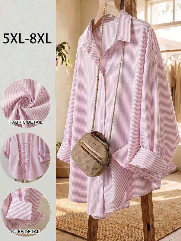 SHEIN CURVE+ Plus Size Vertical Striped Simple Casual Lace Up Long Sleeved Shirt, Autumn And Winter, 2026 22W