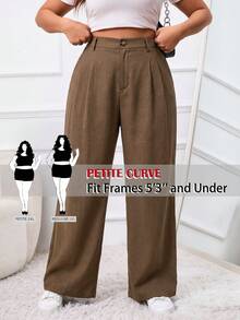 SHEIN PETITE CURVE 大码纯色褶裥腰带宽松西装裤 - 棕色 - 查看 6