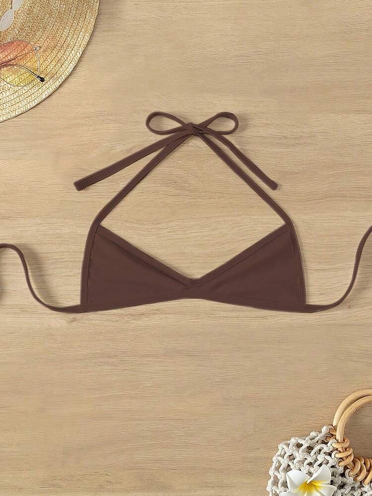 Swim SXY Áo bikini cổ yếm thắt dây màu trơn cho nữ, phù hợp đi nghỉ hè và tắm biển, áo yoga Yk1k, bộ 1 món đồ bơi - màu nâu - Xem 5