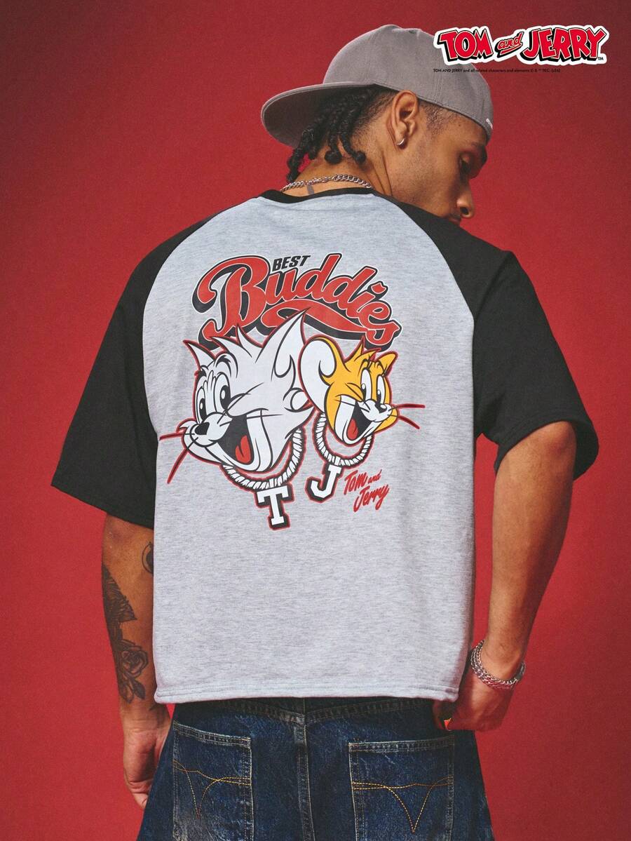 TOM & JERRY X SHEIN PAVTROS Men's Casual Street Daily Commute Funny Cartoon Letter Print Contrast Color Raglan Short Sleeve Loose T-Shirt, Summer - Multicolor - View 1