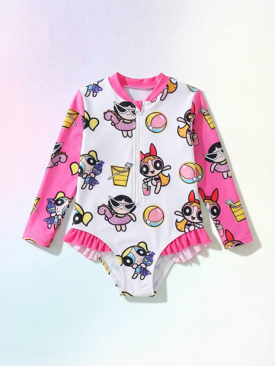 Maija Kids THE POWERPUFF GIRLS X SHEIN Young Girl Young Girl Young Girl 卡通印花拼色連身泳衣,適合海灘度假、泳池派對、海灘派對夏季 - 粉色 - 查看 1