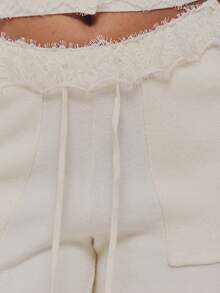 MUSERA White Knit Lace Trim Flared Trousers - Apricot - View 5