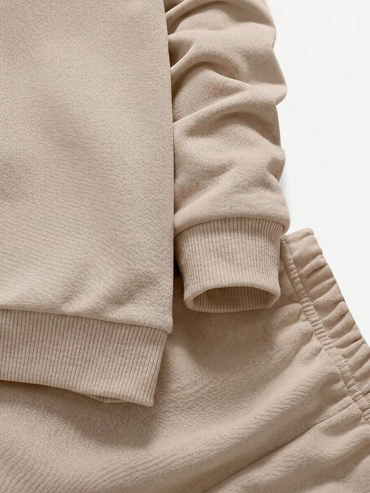 SHEIN Young Boy Loose Casual Simple Comfortable Crew Neck Pullover Letter Print Jogger Pants Set - Khaki - View 4