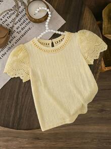 SHEIN LMoss Kids LMoss Young Girl Knitted Solid Color Round Neck Lace Ruffle Trim Fitted T-Shirt - Yellow - View 2