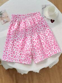 Teen Girl Drawstring Waist Leopard Print Casual Versatile Daily Outing Shorts - Pink - View 6