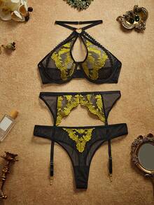 Spicy Aura Women's Mesh Thin Embroidered Sexy Multi-Piece Set Heart Halter Neck With Garter Belt And Thong 3pcs - Multicolor - View 1