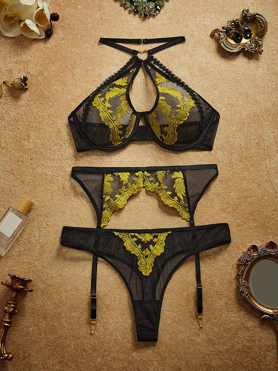 Spicy Aura Women's Mesh Thin Embroidered Sexy Multi-Piece Set Heart Halter Neck With Garter Belt And Thong 3pcs - Multicolor - View 1