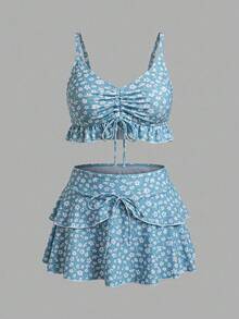 Sweetra 2pcs/Set Women's Light Blue Floral Bikini Set,Cute Summer Beach Holiday Swimwear,Boho Ditsy Floral Top And Skirt Set,Vacation Outfits Two Piece Set - Green - View 1