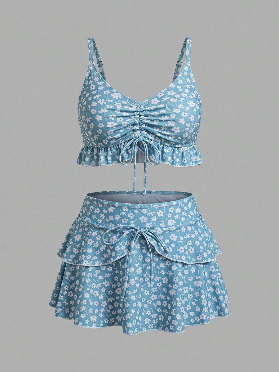 Sweetra 2pcs/Set Women's Light Blue Floral Bikini Set,Cute Summer Beach Holiday Swimwear,Boho Ditsy Floral Top And Skirt Set,Vacation Outfits Two Piece Set - Green - View 1