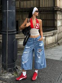 Coolane Women's Summer Streetwear Grunge Y2k Back-To-School Casual Vintage Cotton Wash Low Waist Denim Shorts Bermuda Capri Jeans Ripped Night Out Aqua Blue - Light Wash - View 8