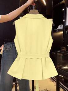 Franclia Camicia da donna con scollo a V, plissettata, senza maniche, con cintura - Giallo chiaro - Visualizzare 2