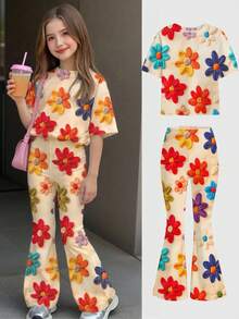 Young Girl Casual Simple Cute Fun Textured Floral Print, Short Sleeve Long Pants Two Pieces Set Suitable For Summer Graphic, Cozy, Girls Outfit Sets, Y2k, Vintage, Vacation - Multicolor - View 2
