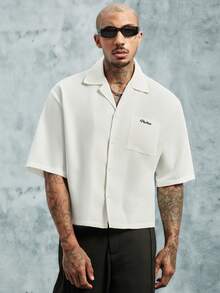 INCRYTM Men's Letter Print Single-Breasted Casual Short Sleeve Shirt Mens Cropped Shirt Boxy Shirt Men Work Shirt Customise Shirt - White - View 5