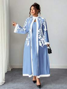 Rometta 大尺碼女款 1 件優雅度假風印花半高領喇叭袖修身長洋裝 - 藍白色 - 查看 3