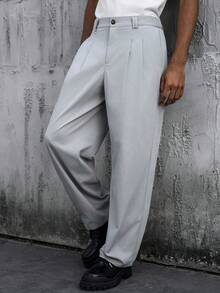 Manfinity Homme 男士休闲日常工作服简约纯色斜插口袋褶裥长裤男士西裤男士高腰裤男士宽松裤男士褶裥西装裤灰色裤子复古风格日常休闲、周末旅行、远足、轻松的工作环境、男友/丈夫礼物、周年纪念/生日礼物派对夏季假期复古风格婚礼 - 淺灰色 - 查看 3