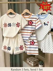 Souflis Souflis (Random 3 Sets, Send 1 Set) Summer Fresh And Simple Girl's Brown Stripe Colorful Flower Pattern Printed Basic Short T Plus Shorts Set - Multicolor - View 1